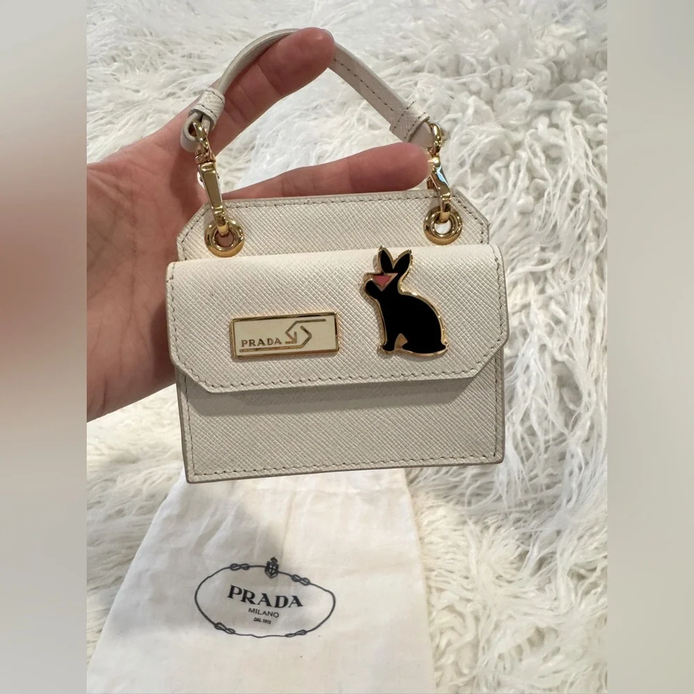 Prada White Mini Bag Saffiano Leather Rabbit Charm AUTHENTIC - Picture 1 of 4
